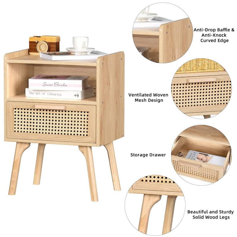 Rattan Nightstand, Boho Side Table with Drawer Open Shelf, Cane Accent Bedside End Table with Solid Wood Legs