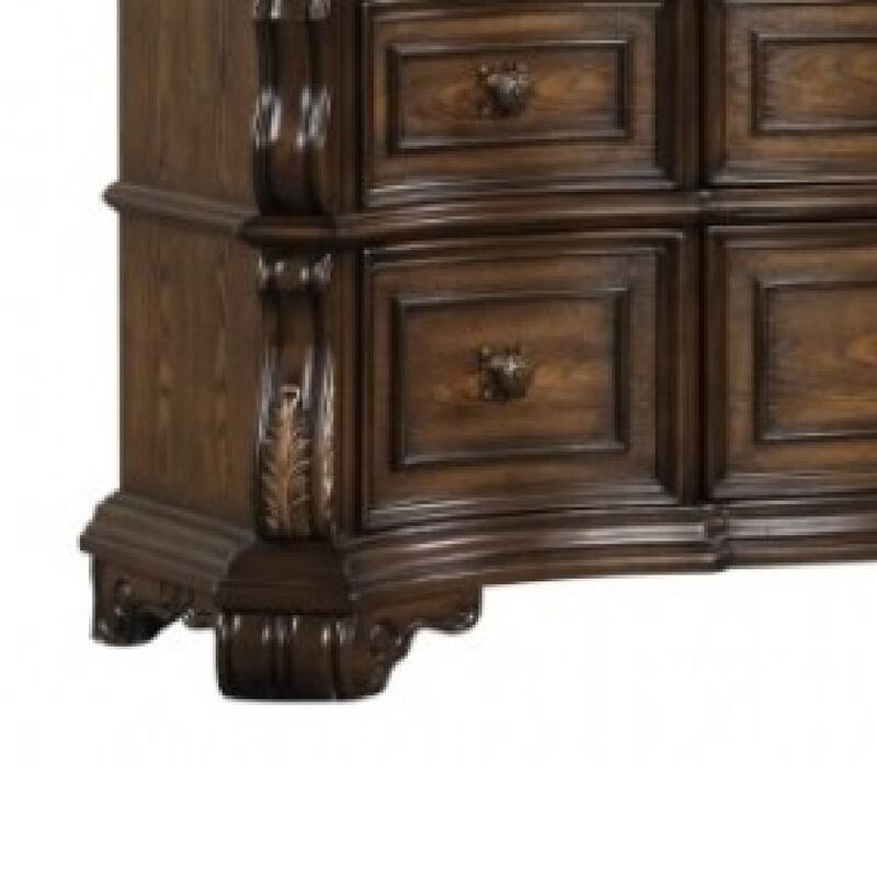 Leova Wide Dresser, 9 Drawers, Ornate Molding, Brown Asian Hardwood
