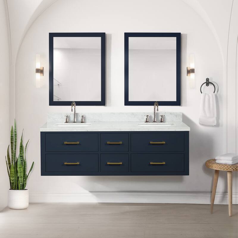 Lexora Castor Double Bath Vanity, Carrara Marble Top, Faucet Set, and Mirrors