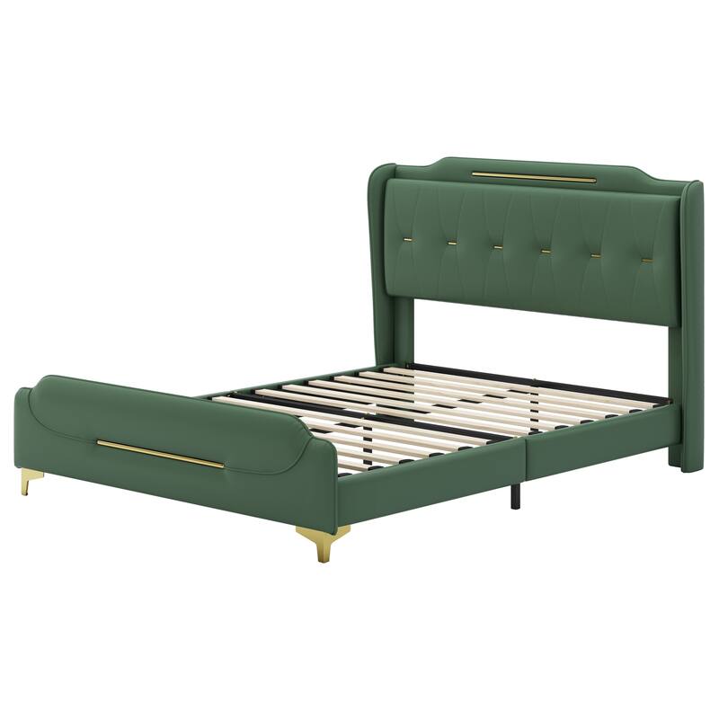 Queen Size PU Leather Platform Bed with Wingback Headboard and Footboard, Solid Wood Slats, Easy Assembly