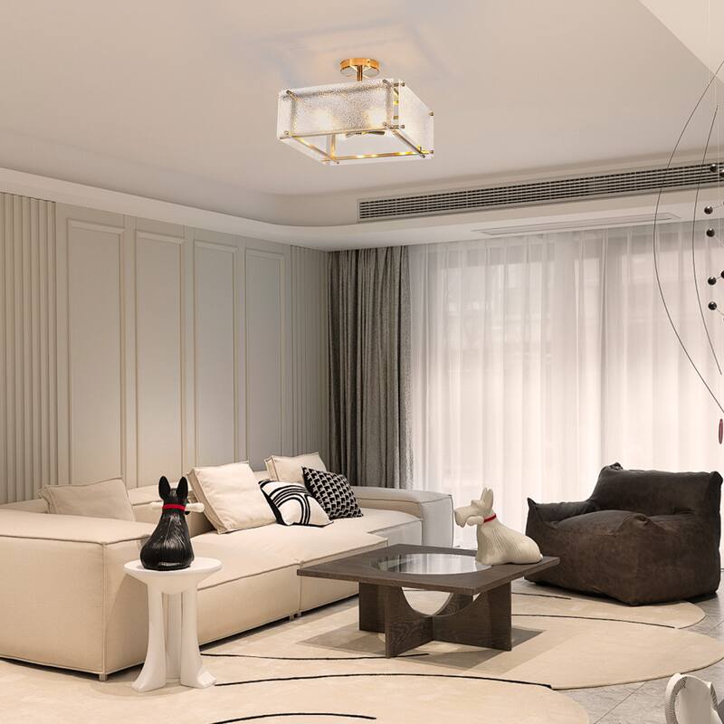 Modern 4 Light Semi Flush Mount Textured Glass Black Metal Design
