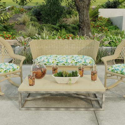 44" x 18" Turquoise Leaves Contoured Outdoor Wicker Bench Cushion - 18'' L x 44'' W x 4'' H