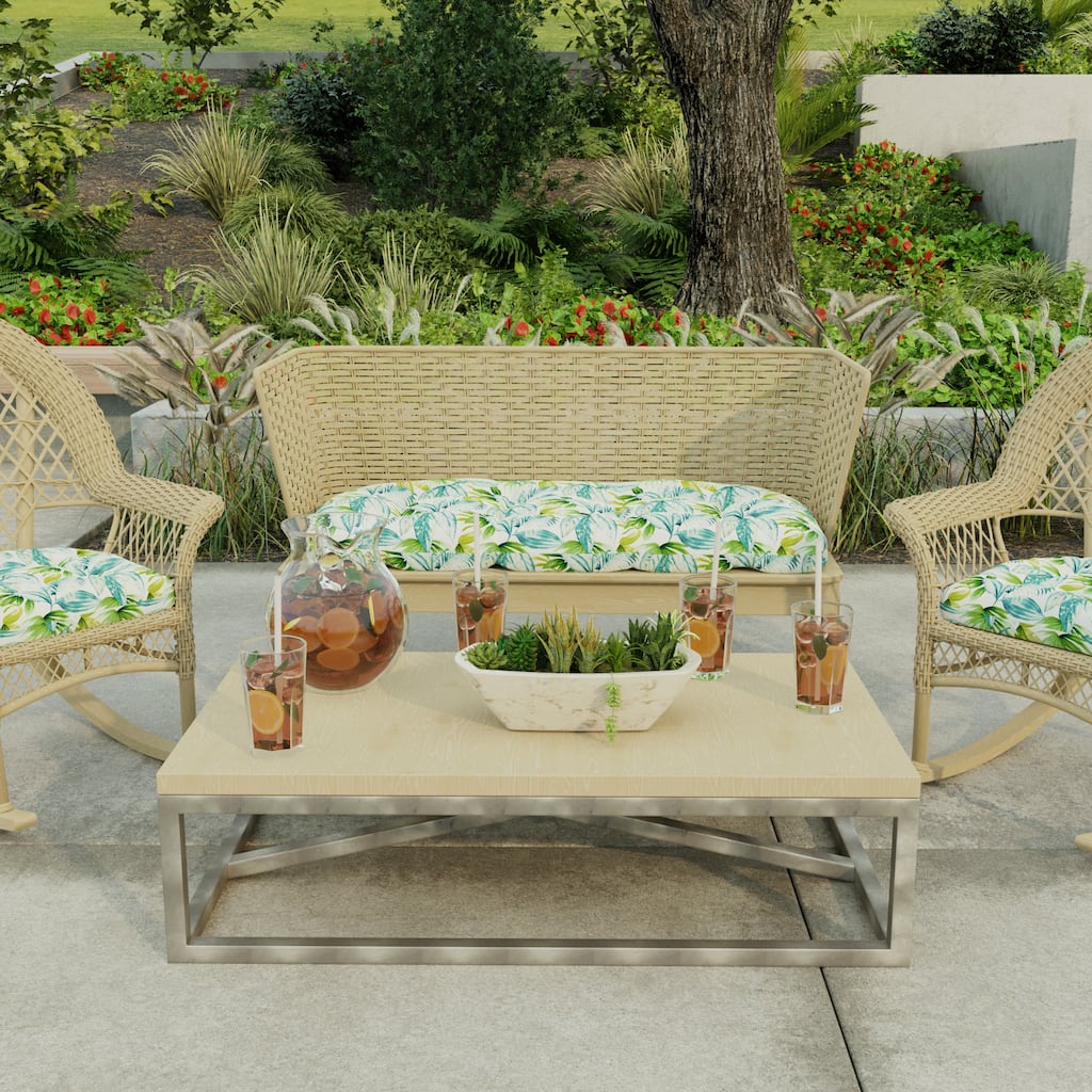 44" x 18" Turquoise Leaves Contoured Outdoor Wicker Bench Cushion - 18'' L x 44'' W x 4'' H