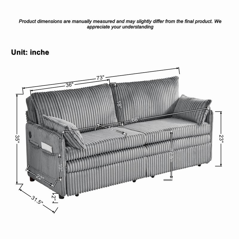 Roomfitters 73" Modern Corduroy Sofa Bed with Pull-out Sleeper Design, Modular Daybed with Storage Pocket & Pillows
