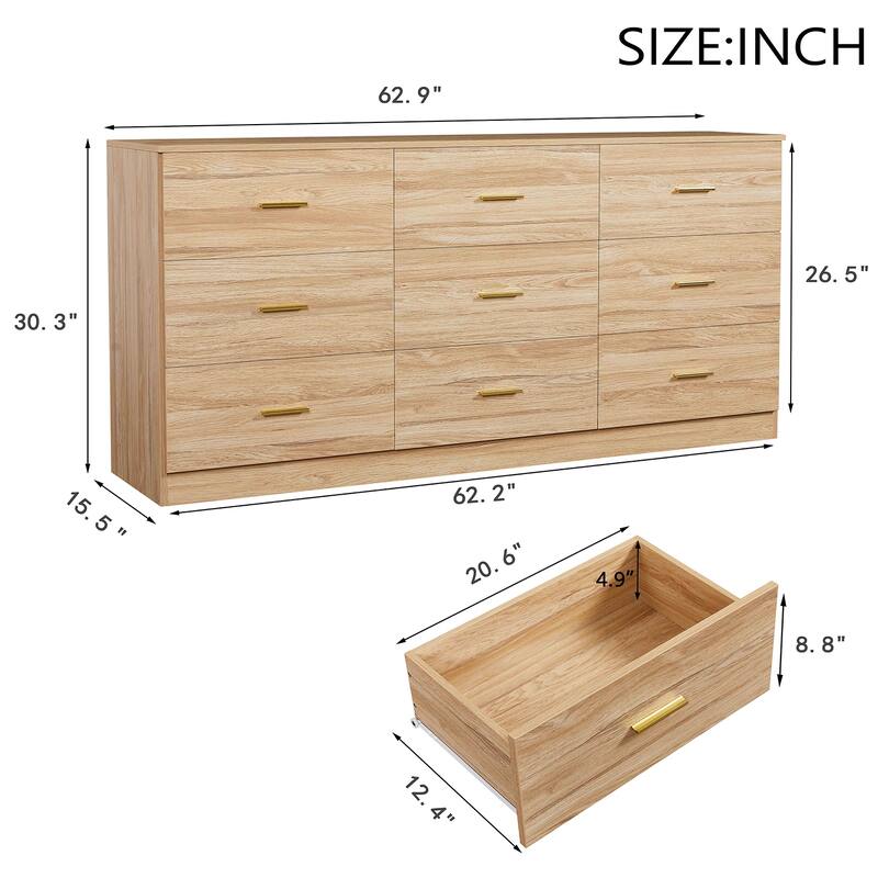 Modern 9 Drawer Dresser, Wide Chest of Drawers with Golden Handles, Large Storage Cabinet for Bedroom and Entryway