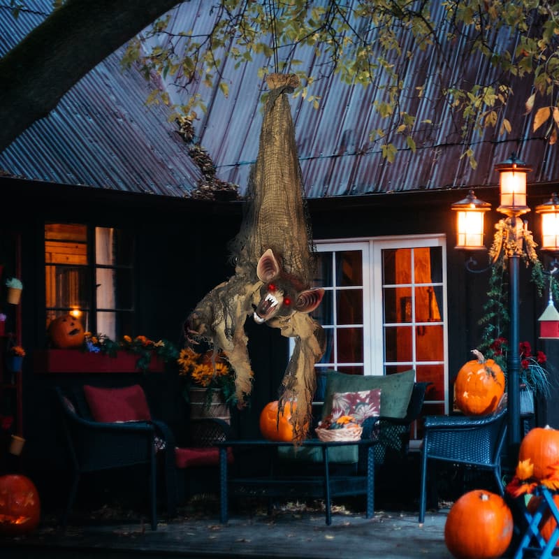Outsunny 36" Life Size Outdoor Halloween Decorations Hanging Bat Opening Month, Animated Prop - Black