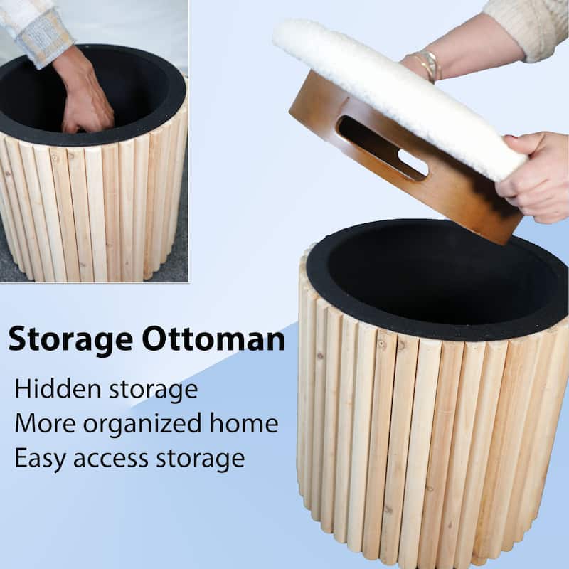 Aria Home Mid-Century Modern Bamboo Base Round Boucle Storage Ottoman