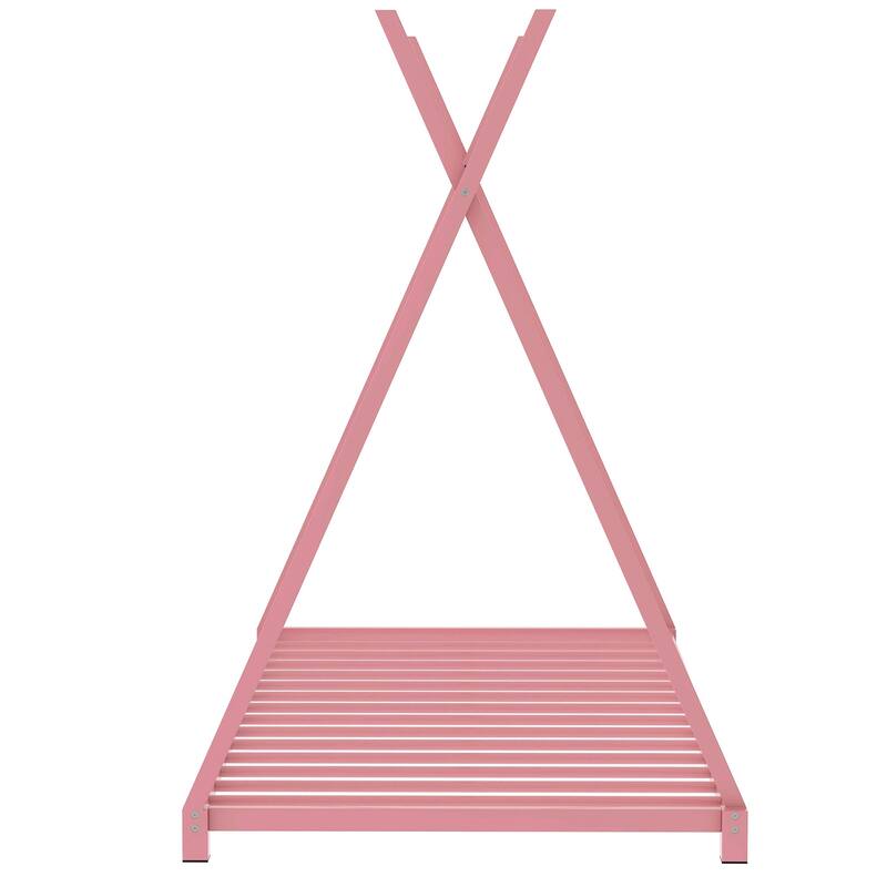 Pink Twin Size Metal House Platform Bed with Triangle Structure for Bedroom