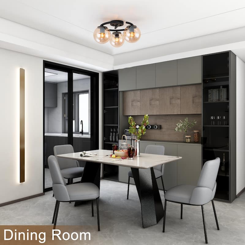 3 Light Matte Black Flush Mount Lighting Industrial with Amber Glass Globes - Dia.16.93-in