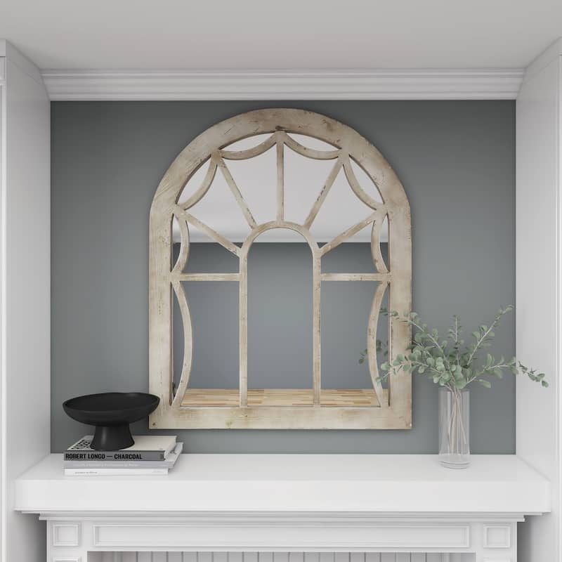 Wood Window Pane Inspired Room Wall Mirror with Arched Top - Cream - Roche River Decor