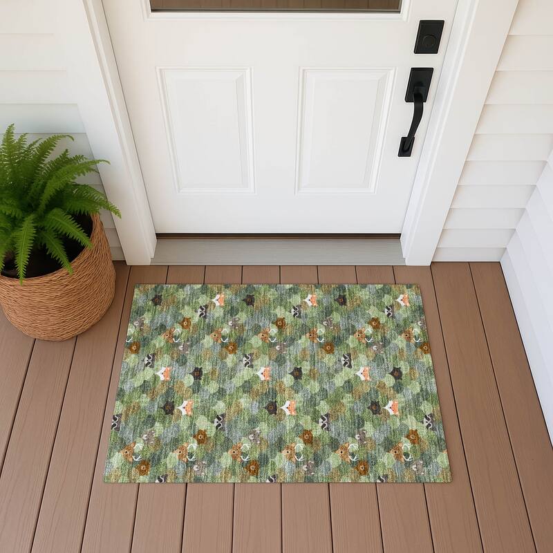 Machine Washable Indoor/ Outdoor Whimsy Critters Chantille Rug - Olive - 1'8" x 2'6"