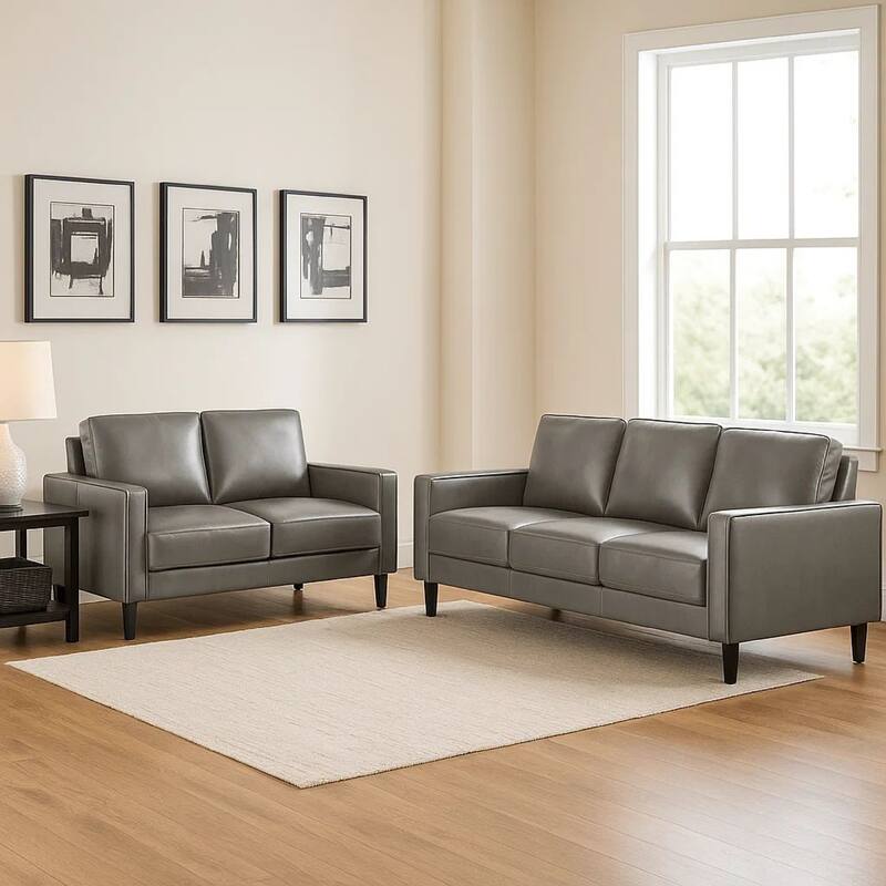 Rumi 2pc Sofa and Loveseat Set, Modern Track Arms, Gray Faux Leather