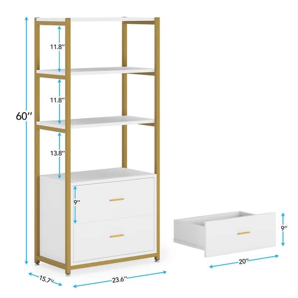 dimension image slide 0 of 4, 4-Tier Rustic Bookcases with 2 Drawers, Etagere Standard Book Shelves Display Shelf for Home Office