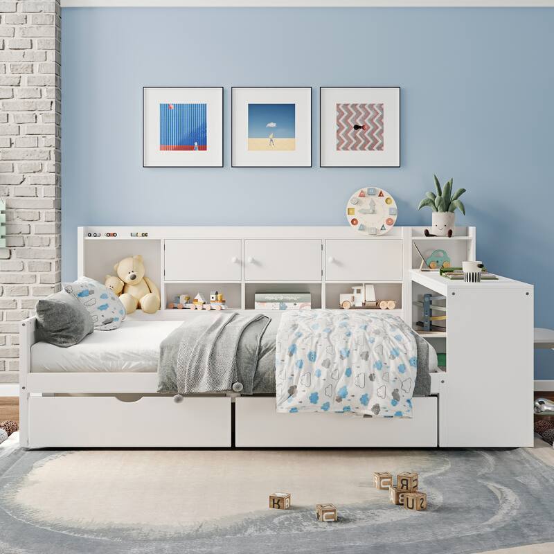 Wooden L Shaped Daybed with Bookcase and 2 Drawers, Multi-functional Corner Platform Sofa Bed Frame with Built In Desk