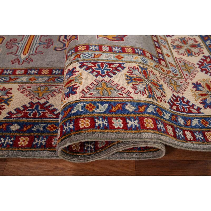Geometric Kazak Rug Hand-Knotted Grey Traditional Wool Carpet - 5'10" x 8'4"