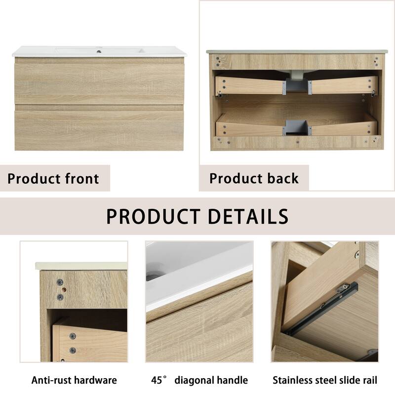 Bathroom Vanity With Sink In 24/30/36 Inch, Floating Bathroom Vanity With Soft Close Drawer