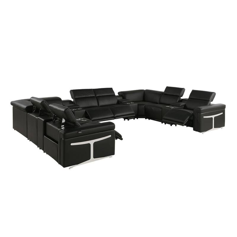 HomeRoots Black Italian Leather Power Reclining U Shaped Twelve Piece Sectional With Console