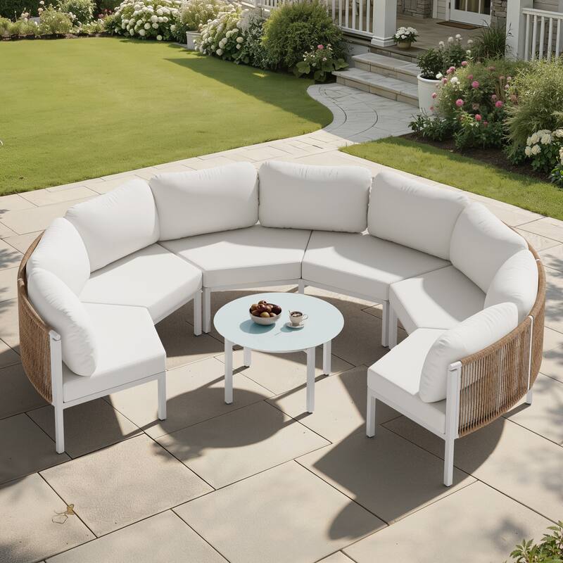 Outdoor Patio Furniture All-Weather Aluminum PE Rattan Wicker Half Round Curved Sofa Sectional Set - 6-Seats+1-Table - Beige