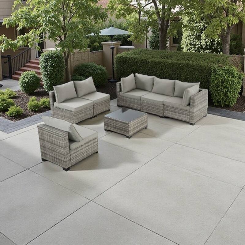 7-Piece Gray Outdoor Rattan Sectional Sofa Set with Washable Cushions, PE Wicker Patio Seating for Backyard or Garden Lounge