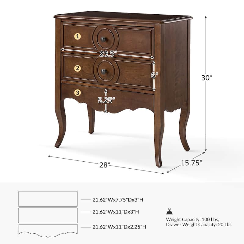 Sidney Traditional 3-Drawer Nightstand with Built-In Outlets and USB by HULALA HOME