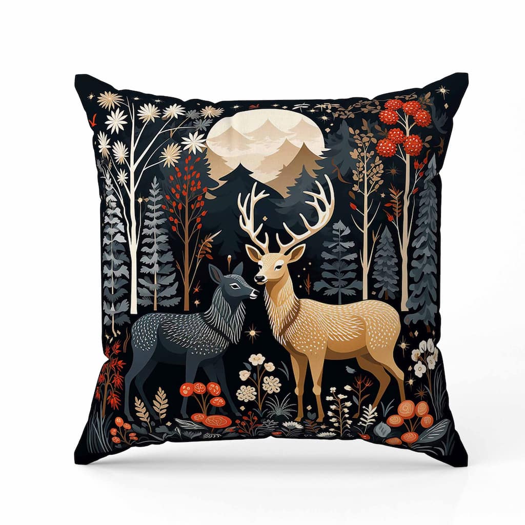 Reindeer Winter Heart Faux Suede Reversible Throw Pillow Black and Beige