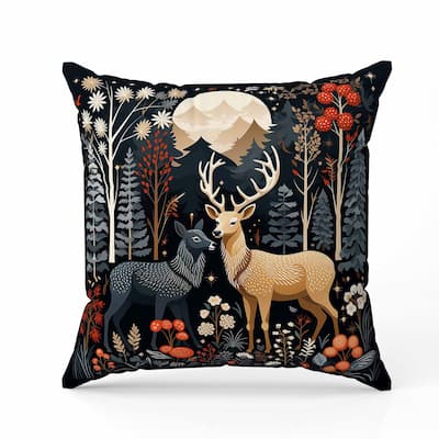 Reindeer Winter Heart Indoor/Outdoor Reversible Throw Pillow Black and Beige