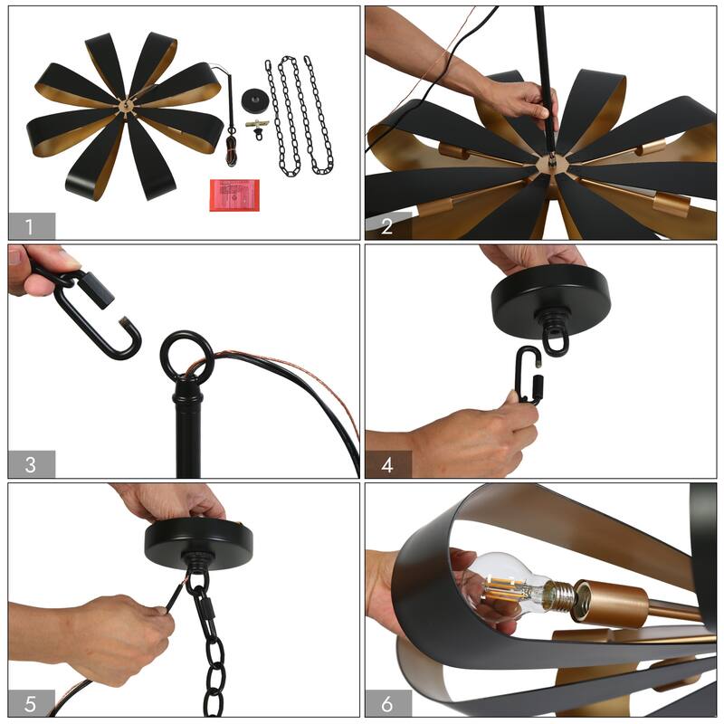 Modern Industrial 8-Light Chandelier Black Gold Floral Pendant Light for Living Room and Dining Room - 32.6 " × 15.8 "