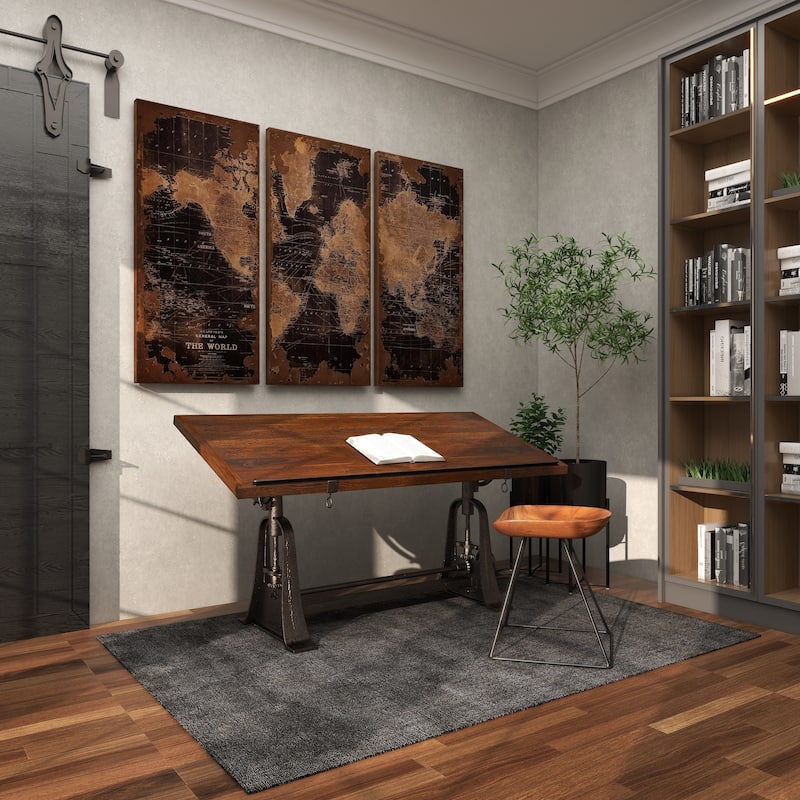 Teak Wood Drafting Style Desk with Tilting Top and Crank Height Adjustment - Brown - Roche River Decor