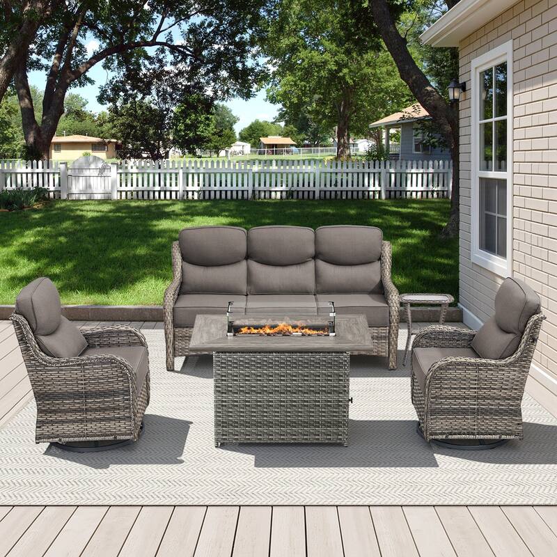 Meyreso 7-Piece Wicker Outdoor Patio Fire Pit Conversation Set with 6-Inch Thick Cushions - 5-Piece - Gray/Gray
