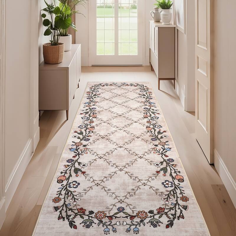 Floral Area Rugs for Living Room Low Pile Non Slip Rugs Washable Soft Foldable Accent Carpet Home Decor