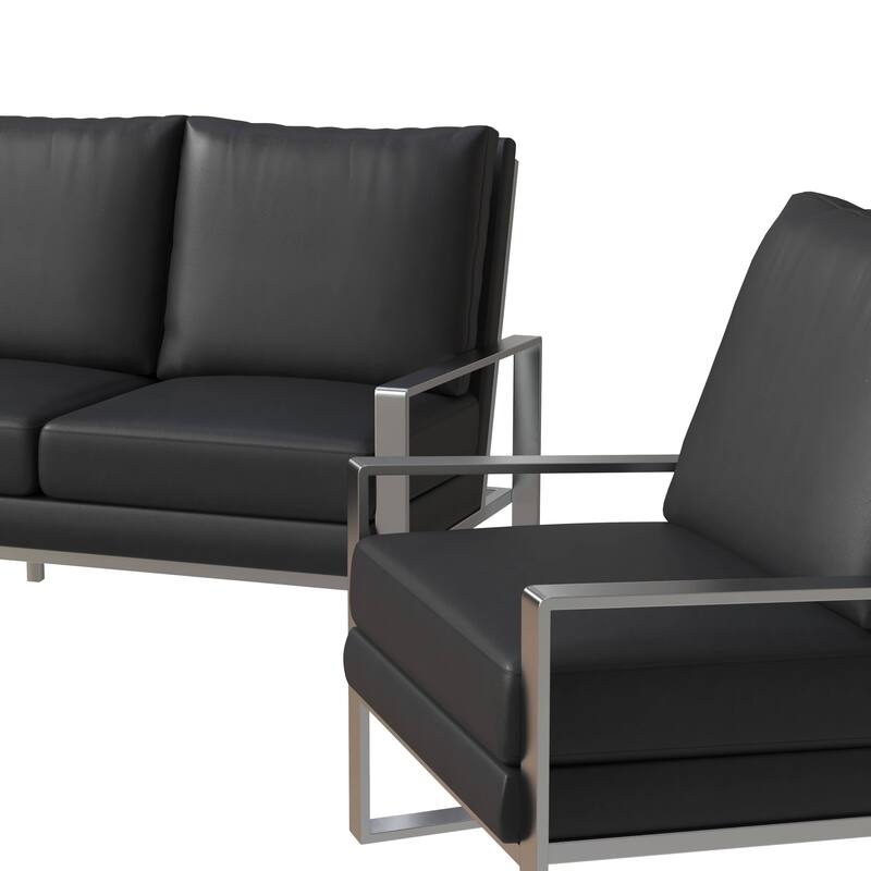 3-Piece Leather Sofa Set Brushed Stainless Steel Base and Removable Cushions