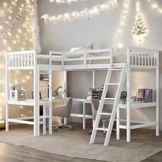 Wood Twin Size L-Shaped Loft Bed with Ladder and 2 Built-in L-Shaped Desks