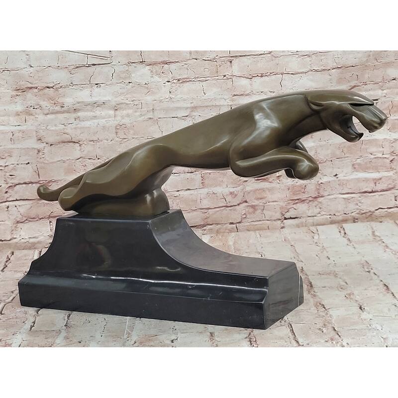Art Deco Style Leaping Panther Bronze Sculpture On Marble Base