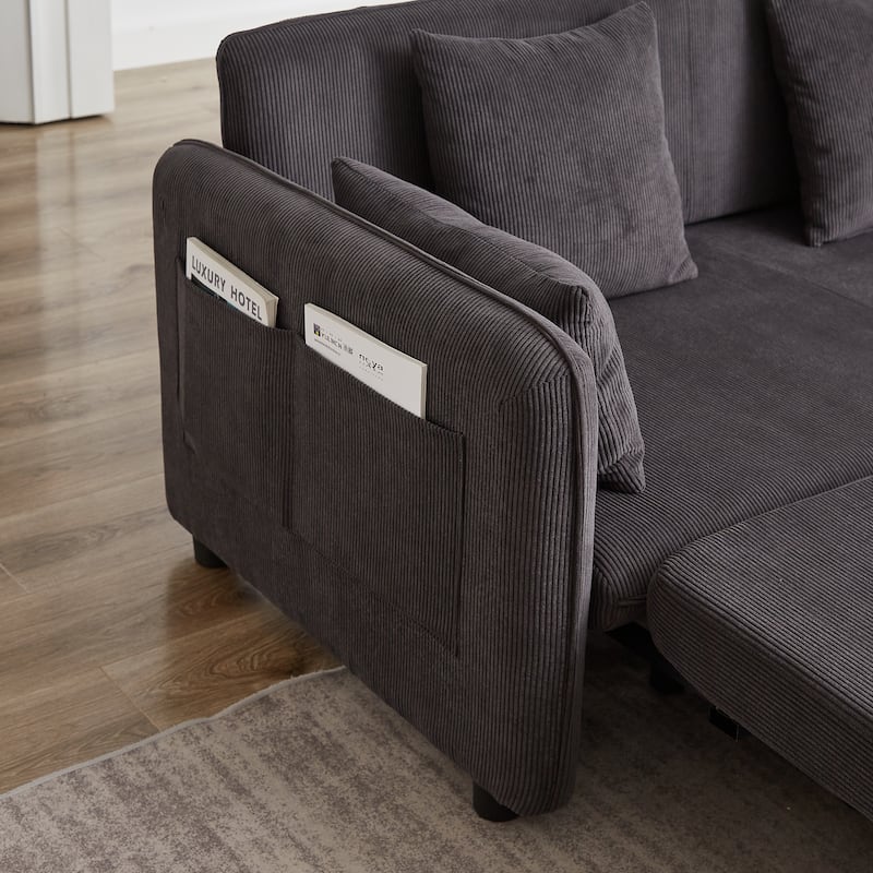 3-in-1 Pull Out Sleeper Sofa Bed, Convertible Corduroy Loveseat Couch with Casters, 4 Pillows and Side Pockets for Living Room
