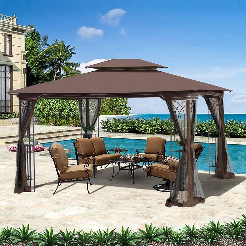 13x10 Outdoor Patio Gazebo Canopy Tent, Heavy Duty Gazebos with Ventilated Double Roof, Mosquito Netting & Privacy Screens - Brown