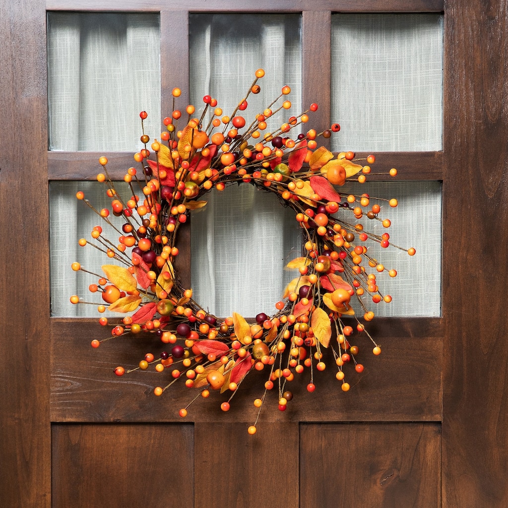 Berries Apples Foliage Twig Artificial Thanksgiving Wreath - 18" Unlit