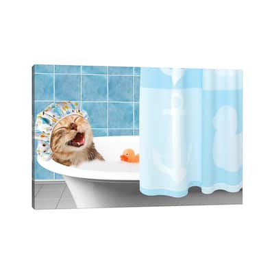 iCanvas "Funny Cat Is Taking A Bath With Toy Duck." by funny cats Canvas Print