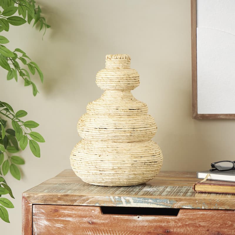 Black or Beige Metal Seagrass Handmade Wrapped Decorative Vase with Abstract Bubble Shape - Beige