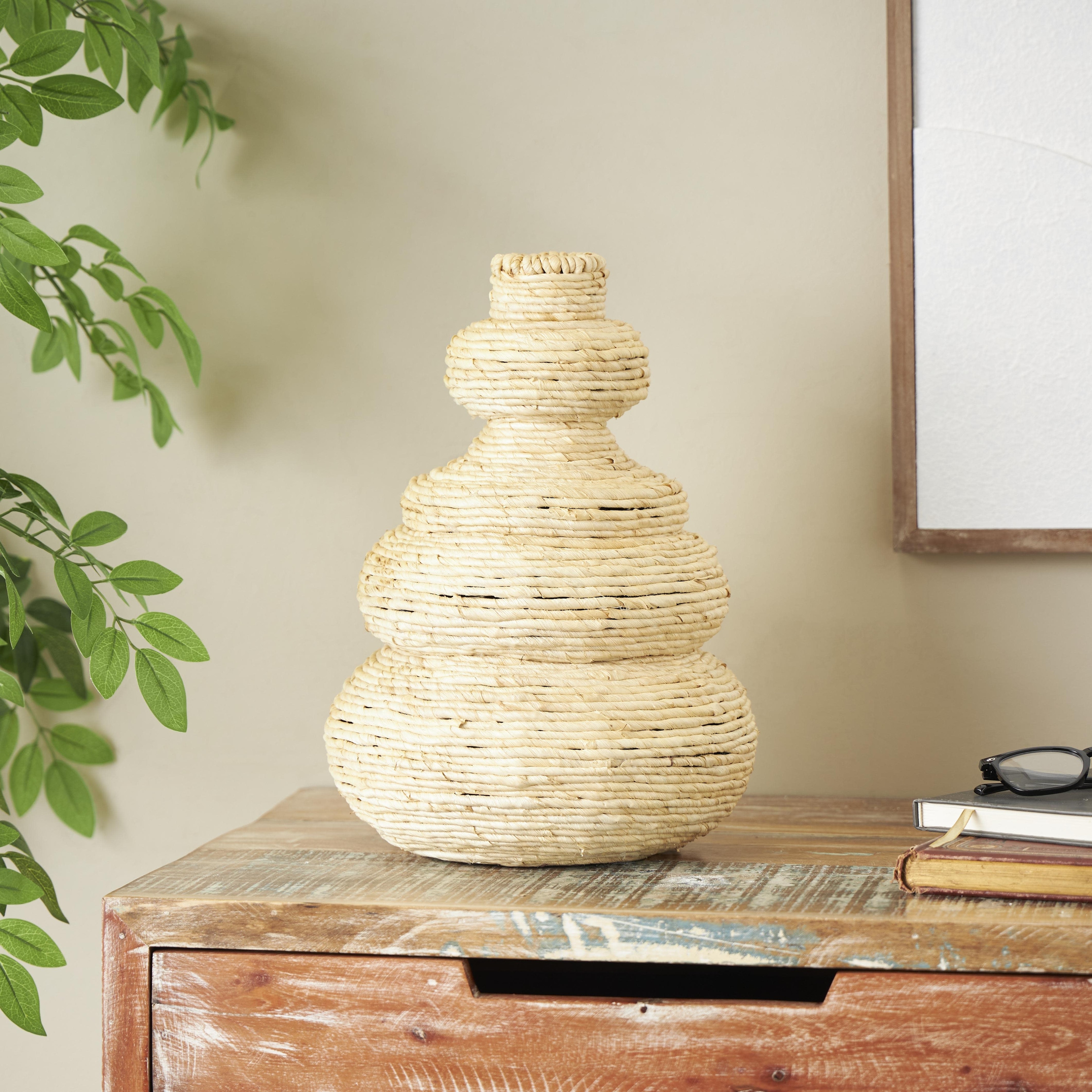 Black or Beige Metal Seagrass Handmade Wrapped Decorative Vase with Abstract Bubble Shape