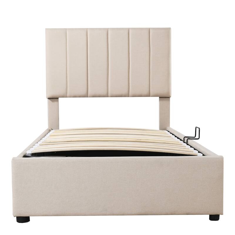 Twin Platform Bed with Hydraulic Lift, Stripe Headboard & Storage