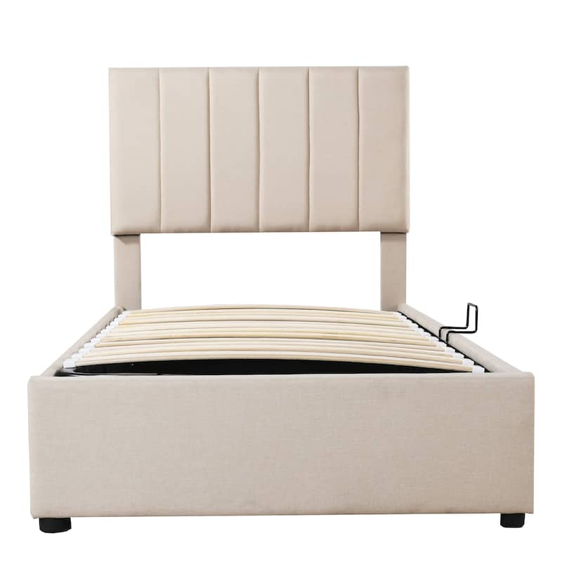 Twin Size Upholstered Platform Bed with a Hydraulic Storage System, Beige