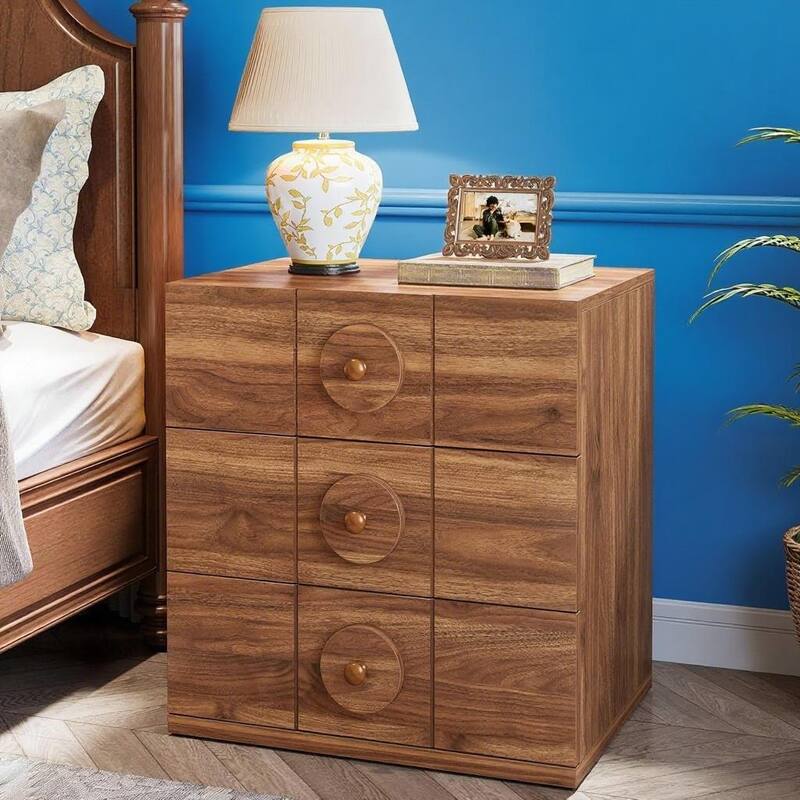 Natural Wood Metal 3-Drawer Nightstand with Checkerboard Design