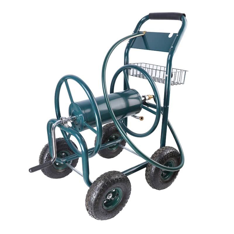 4 Wheels Portable Garden Water Hose Reel Cart with Storage Basket - 4 Wheels
