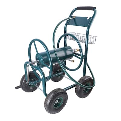 Portable Garden Hose Reel Cart with 4 Wheels, Foam-Padded Non-Slip Handle, Storage Basket - ABS+Rubber+Steel (Q235)