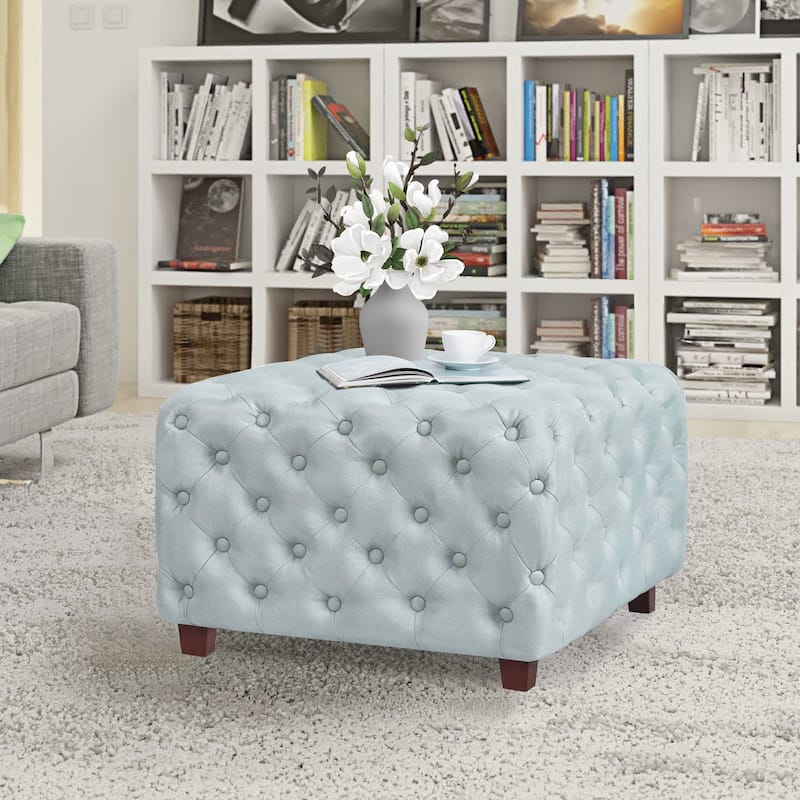 Adeco Linen Fabric Standard Ottoman Bench Square Cube Foot Rest Stool