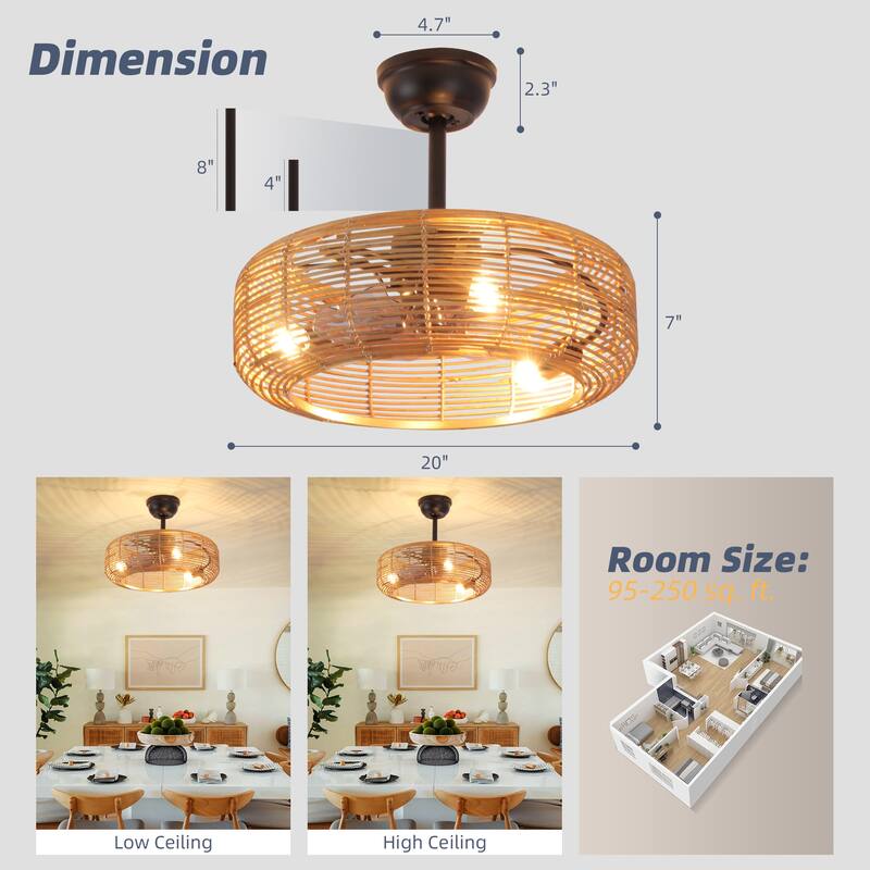 20 in. Rattan Indoor Ceiling Fan with Lights, 6-Speed Remote Control and Reversible DC Motor for Small Bedroom