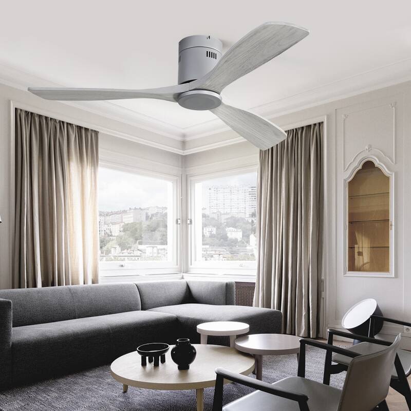 52'' Flush Mount Ceiling Fan with DC 3 Carved Wood Blades and Remote Control, without Light - 52''×52''×10.24''