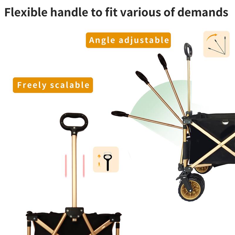Outdoor Heavy Duty Folding Wagon Cart with Big Wheels, Adjustable Handle & Drink Holders