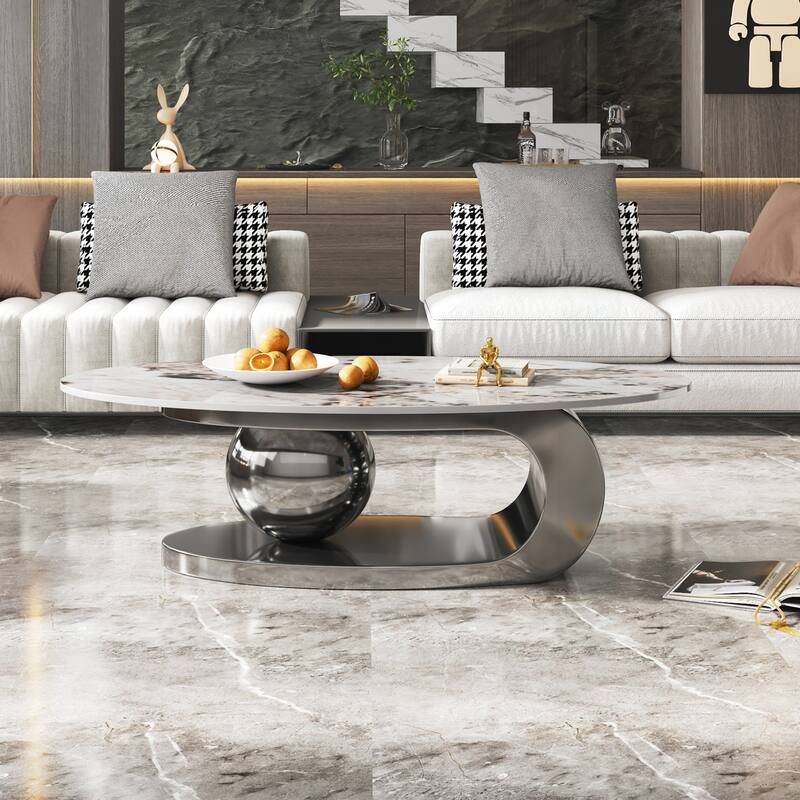 Exquisite Oval Faux Marble Coffee Table with Sturdy Stainless Steel Base for Living Room