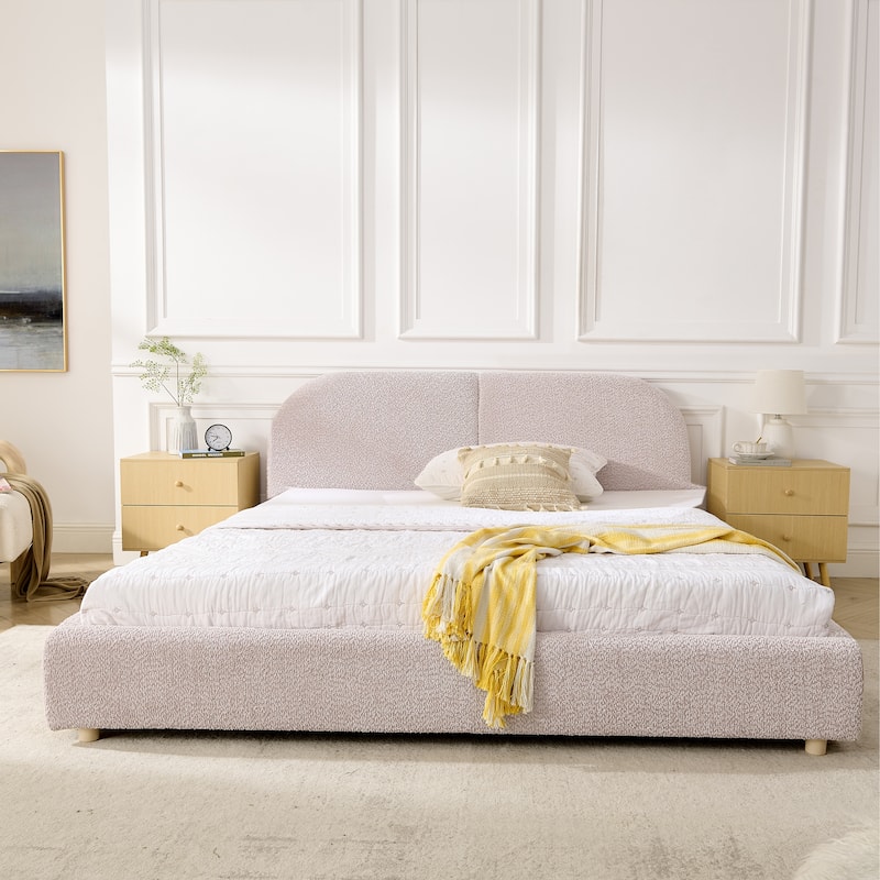 Stylish Curve-shaped Upholstered Platform Bed Frame Modern Minimalist Low Profile Bed with Curved Headboard Optional Storage Bed